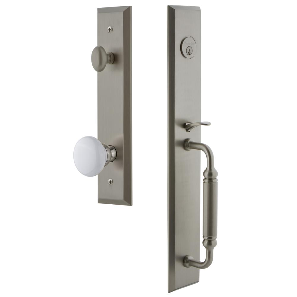 Grandeur by Nostalgic Warehouse FAVCGRHYD Fifth Avenue One-Piece Handleset with C Grip and Hyde Park Knob in Satin Nickel
